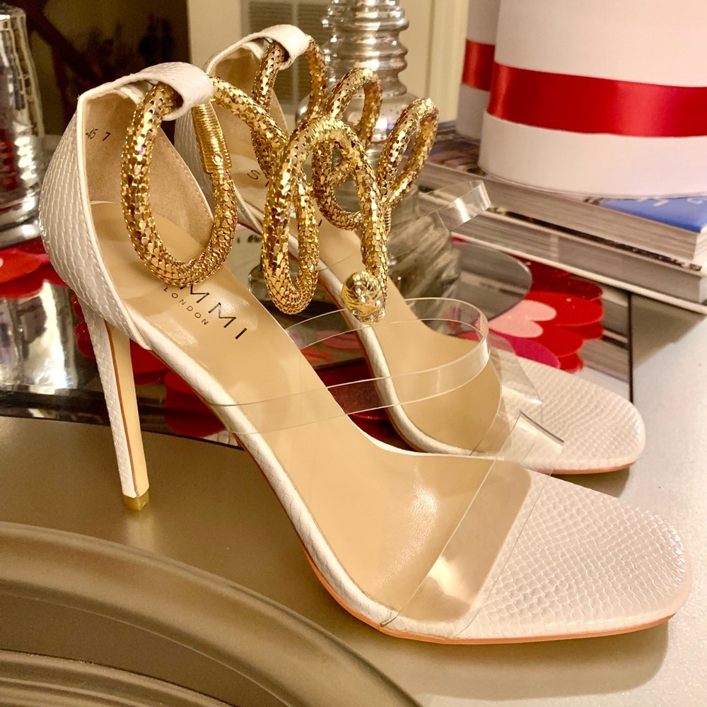 SIMMI LONDON White and Gold faux snake wrap around stiletto heels SZ 9 🔥🔥🔥